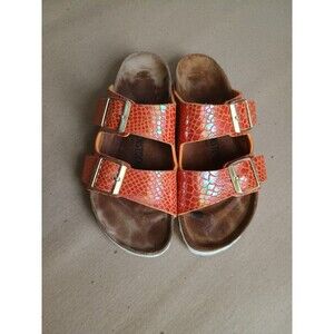 Birkenstock Arizona Shiny Snake Orange Sandals Double Strap Women's EU 38